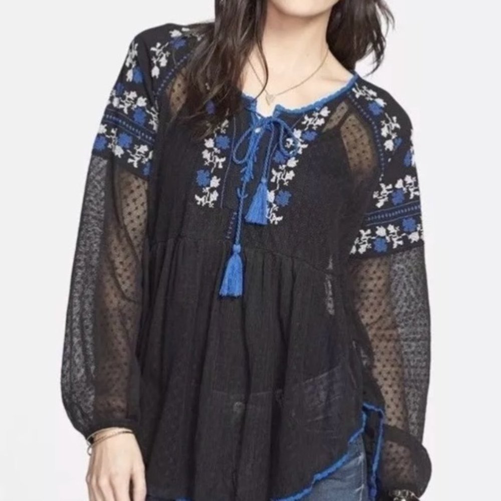 Free People "Roses Are Red" Embroidered Bohemian Tunic Top – Women's Small